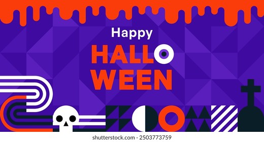 Halloween Geometric Bauhaus Background in Mosaic Block Style, Seamless Pattern for Backdrops, Greeting Cards, and Geometry-Ornamented Retro Modern Design