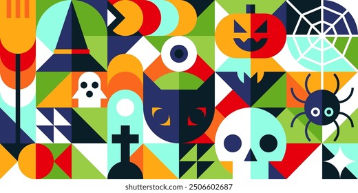 Halloween geometrischer Bauhaus-Hintergrund im Mosaik-Blockstil, nahtloses Muster für Hintergründe, Grußkarten und geometrisch verziertes Retro-Modern-Design