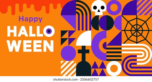 Halloween Geometric Bauhaus Background in Mosaic Block Style, Seamless Pattern for Backdrops, Greeting Cards, and Geometry-Ornamented Retro Modern Design