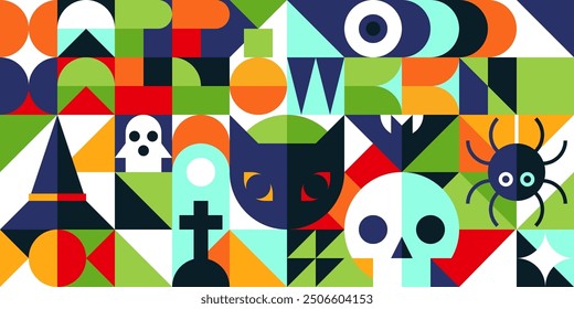 Halloween Geometric Bauhaus Background in Mosaic Block Style, Seamless Pattern for Backdrops, Greeting Cards, and Geometry-Ornamented Retro Modern Design