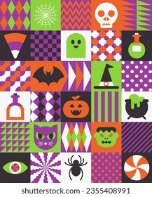 Halloween geometric holiday background. Memphis style greeting card. Minimal shape design calendar header. Bauhaus square element. Grid based design. Trendy flat vector illustration for advertising.