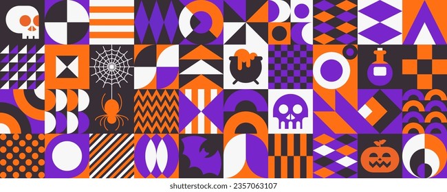 Halloween geometric holiday background. Memphis style greeting card. Minimal shape design calendar header. Bauhaus square element. Grid based design. Flat vector illustration for ad, packaging