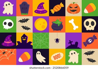 Halloween geometric icon pattern. Set of spooky elements. Colorful modern vector illustration.