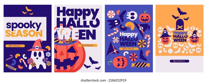 Halloween geometric invitation card collection set isolated vector