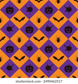 Halloween geometric mosaic seamless pattern. Modern holiday flat design with pumpkins, bats and spiders.