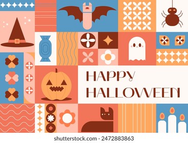 Halloween geometric pattern of abstract modern shapes with horror holiday elements. Geometric art with spooky icons. Print for Halloween party,Halloween sales. Vector illustration EPS 10