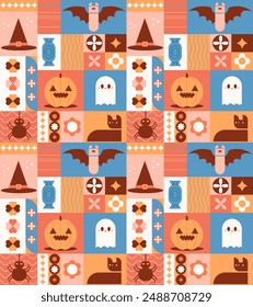 Patrón geométrico de Halloween de Formas modernas abstractas con Elementos de vacaciones de terror. Arte geométrico con iconos fantasmagóricos. Imprimir para la fiesta de Halloween, ventas de Halloween. Ilustración vectorial EPS 10.