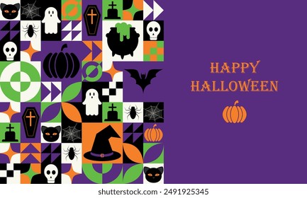 Halloween geometric pattern of abstract modern shapes with horror holiday elements. Geometric art with spooky icons. Poster for Halloween party. Vector illustration