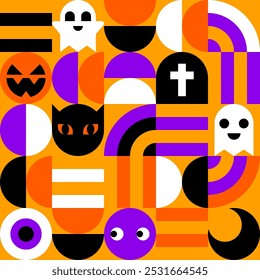 Halloween geometrisches Muster mit Geistern, schwarzen Katzen und Grabsteinen Vektorgrafik