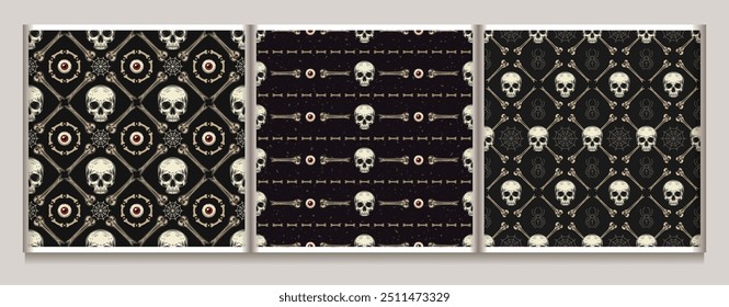 Halloween geometric patterns with bones, skull, eyeballs, spiders. Gothic bizarre illustrations. Textured black background. Vintage style.