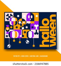 Halloween geometrisches Poster, Hintergrund, Vektorgrafik. Augen, Schädel, Geist, Süßigkeiten, Knochen isolierte Objekte