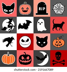 Halloween geometric seamless pattern made up of pumpkins, cats, ghost, bat, web, crow, witch, grave, scull and scary face. Holiday endless pattern for printing on package, wrapper, envelopes or cards.