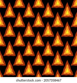 Halloween geometric seamless pattern. Orange triangles on black background.  Burning triangle holes in the pumpkin. Halloween holiday decor
