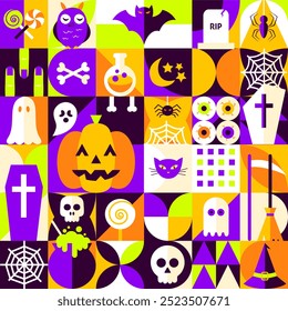 Halloween Geometric Seamless Pattern. Vector Illustration of Flat Style Background. Trick or Treat Texture. Scary Party Concept. Horror Holiday.