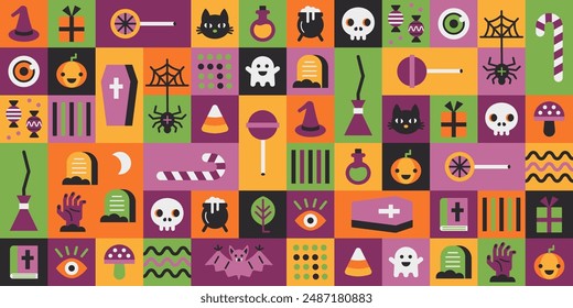 Halloween geometric seamless pattern.Vector holiday background with pumpkin, spider, cat, skull, candy, scary ghost. Mosaic modern texture.