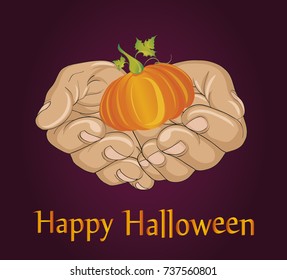 Halloween. The gesture of open palms. Folded hands stretch out a pumpkin for you on a holiday. Vector. Greeting card or invitation.
