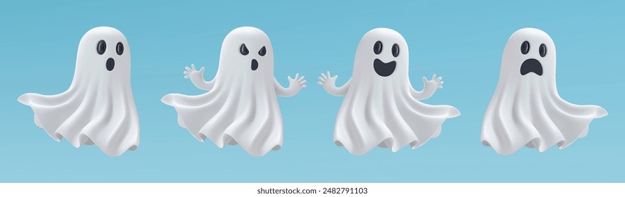 Halloween ghost 3d emoji set. Flying spirit character in white sheets with cute face, smiling or sad. Scary boo sticker render. Fun monster creepy fear. Minimal evil crafted cosplay. Trick or treat