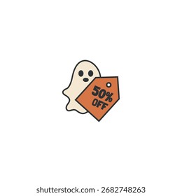 Fantasma de Halloween con 50% de descuento Etiqueta – Spooky SALE Icon para la promoción de Halloween – Ilustración vectorial plana
