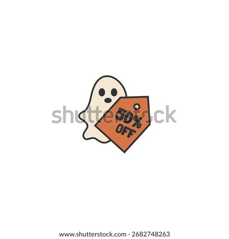 Halloween Ghost with 50% OFF Discount Tag – Spooky SALE Icon for Halloween Promotion – Flat Vector Illustration