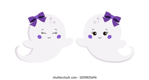 Halloween ghost baby girl isolated on white background. Cute smiling flying white ghost funny character. Graphic design element for happy halloween party. Flat cartoon vector illustration.