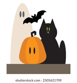 Halloween ghost, bat, pumpkin and black cat vector cartoon illustration