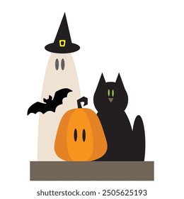 Halloween ghost, bat, pumpkin and black cat vector cartoon illustration