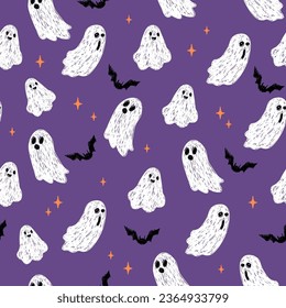 Halloween ghost and bat seamless cute pattern. For backdrop, wrapping paper, fabric, wallpaper. fashion prints. Printing with in hand drawn style Pastel background.