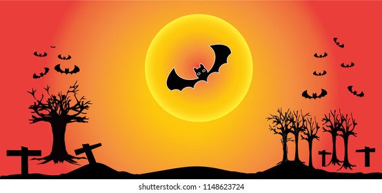 Halloween Ghost bat silhouette.Full moon background vector illustration.