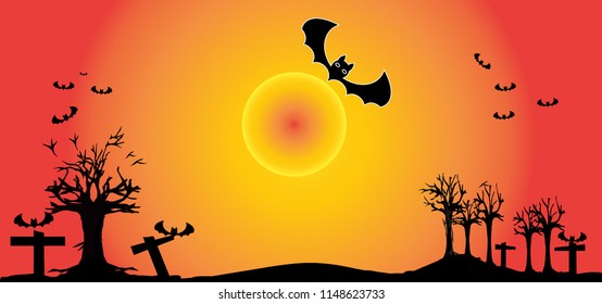 Halloween Ghost bat silhouette.Full moon background vector illustration.