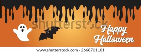 Halloween ghost and bat with spooky background. Cartoon ghost and flying bat with black dripping border on an orange gradient background,  greeting promo banner flyer poster etc.