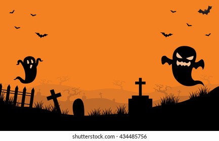 Halloween Ghost and bat in tomb orange backgrounds