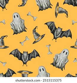 Halloween ghost, bat and witch hat seamless pattern