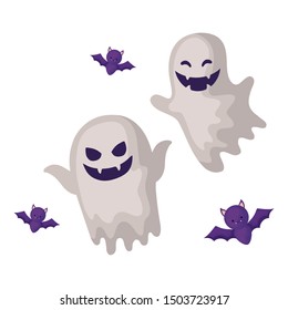 halloween ghost with bats flying in white background