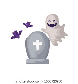 halloween ghost with bats flying in white background