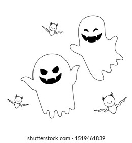 halloween ghost with bats flying in white background