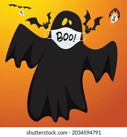 Halloween ghost and bats wearing and carrying medical face protection as a symbol for disease control and virus infection and coronavirus or covid-19 safety