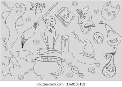 Halloween. Ghost, black cat, broom, pumpkin, cauldron, potion, sweets, cobweb, hat, book, mushrooms, bat, candle, candy
