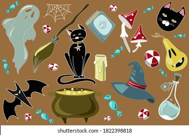 Halloween. Ghost, black cat, broom, pumpkin, cauldron, potion, sweets, cobweb, hat, book, mushrooms, bat, candle, candy