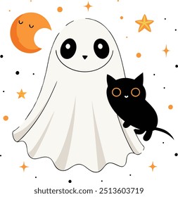 Halloween Ghost with Black Cat clipart