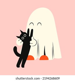 Halloween ghost with a black cat. Kawaii phantom in white clothes. Kawaii monster mystical drawing concept. Flat vector illustration isolated with pumpkins and holiday elements.