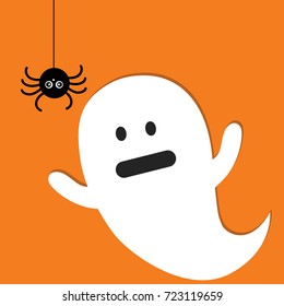 Halloween ghost with black spider flat icon