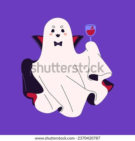 Halloween ghost with bow tie wearing dracula costume for masquerade. Cute spook hold wine, blood glass. Friendly phantom, flying vampire. Helloween decoration. Flat isolated vector illustration