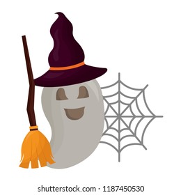 halloween ghost with broom and hat witch