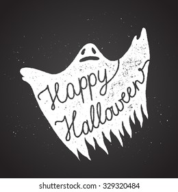 Halloween ghost calligraphy label. rusty sign.