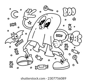 Halloween ghost with candies retro cartoon character isolated on white background. Halloween trick or treat ghost with candy bag vector colorless for coloring page. Contour doodle design.