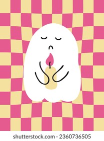 Halloween ghost with candle on distorted checkered groovy background. Perfect print for tee, greeting card, party invitation, poster. Hand drawn vector illustration.
