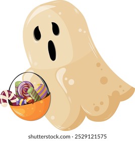 Halloween ghost with candy. Festive cute cartoon ghost carries sweets. Autumn funny holiday. Vector clipart. 