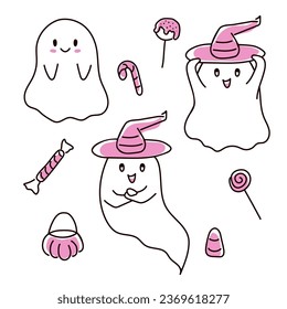 Halloween ghost with candy set in doodle style. Vector illustration isolated on a white background.