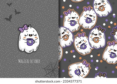 Halloween ghost card and seamless pattern