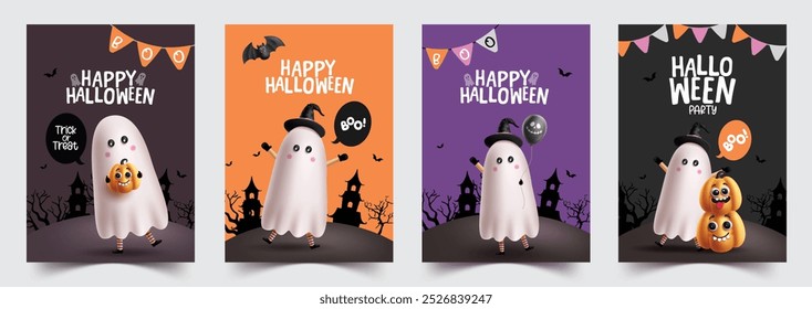 Cartaz de vetor de cartão fantasma de Halloween conjunto de design. Feliz halloween texto saudação com fantasma personagens bonitos para crianças horror festa convite coleção de cartão. Truque de ilustração vetorial ou cartão postal de tratamento